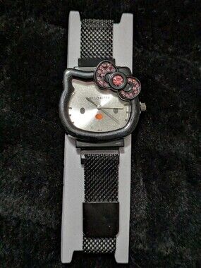 Hello Kitty Black Mesh Watch with Pink Crystal Bow Accent